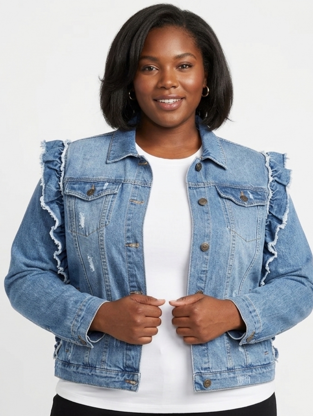 NWT Plus Size Ruffle Sleeve Denim Jacket In Medium Wash Size 3X
